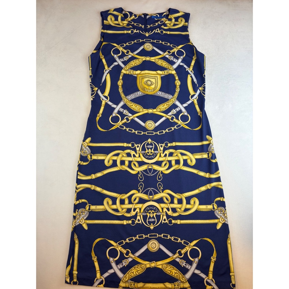 J. McLaughlin Women's Sleeveless Dress Navy Blue Gold Chain Print Size Small New - Picture 3 of 9